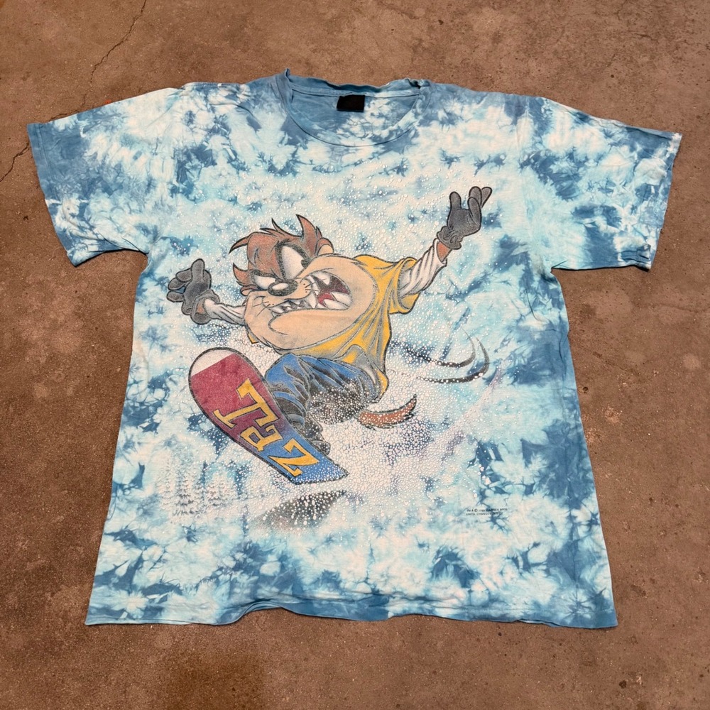 Vintage 1995 Taz Changes Looney Tunes T-Shirt Mens XL Blue Tie Dye Snowboard